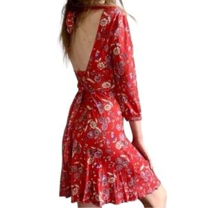 Free People Vibrant Red Floral Open Back Long Sleeve V-Neck Tie Back Soft Dress
